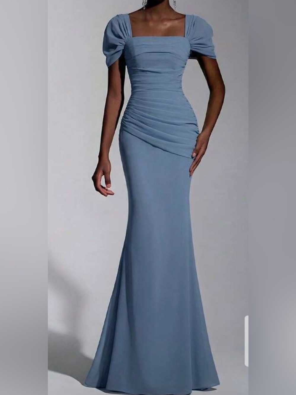 Elegant Sky Blue Ruched Maxi crepe Dress